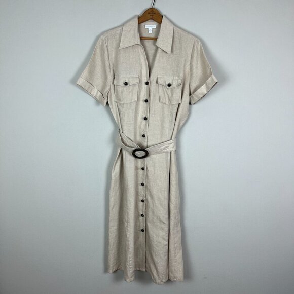 Charter Club Shirt Dress‎ 12 Beige 100% Linen Midi Button Up Belted Short Sleeve - Picture 1 of 13